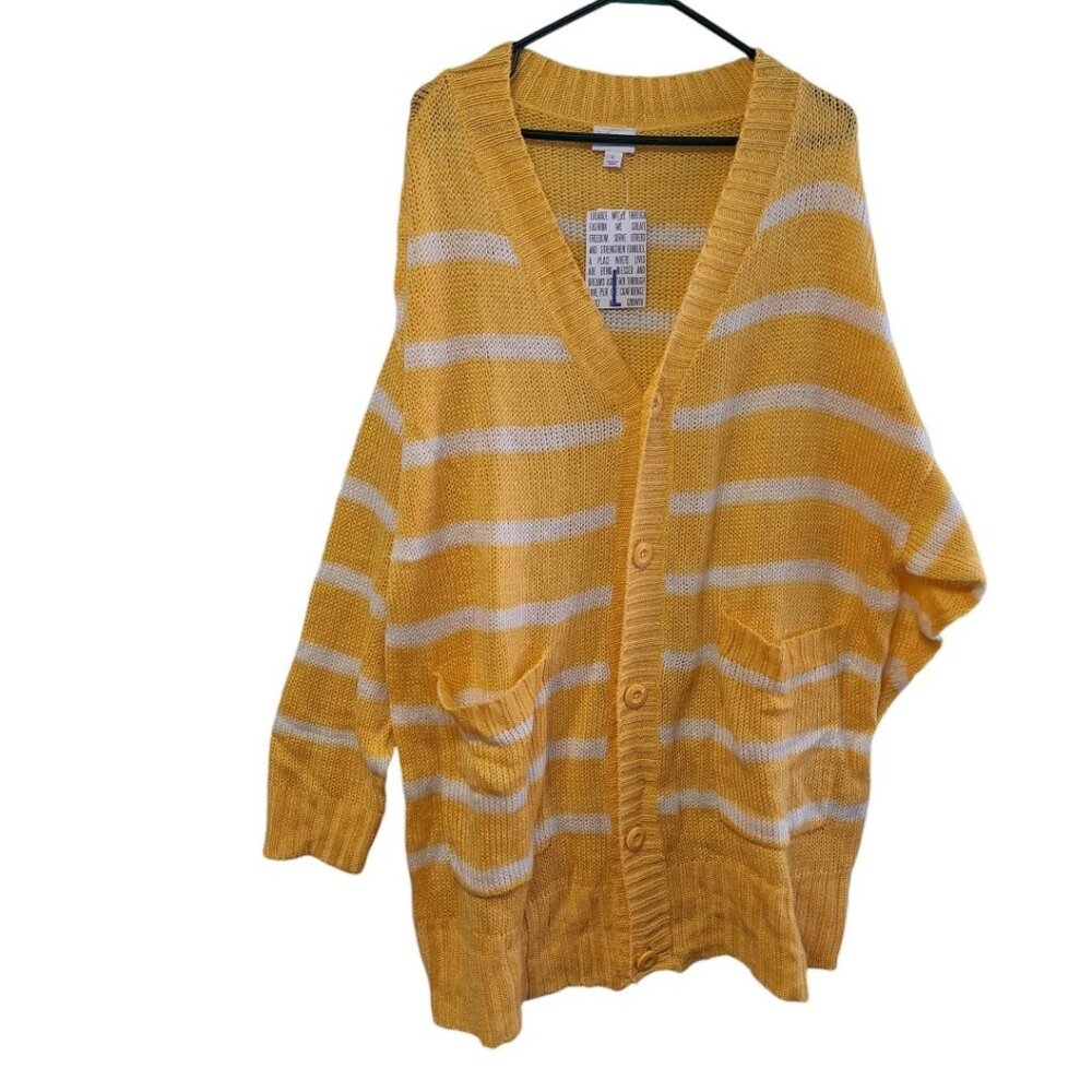 Lularoe Lucille Sweater‎ Cardigan Yellow Stripe Womens Large Oversized Buttons